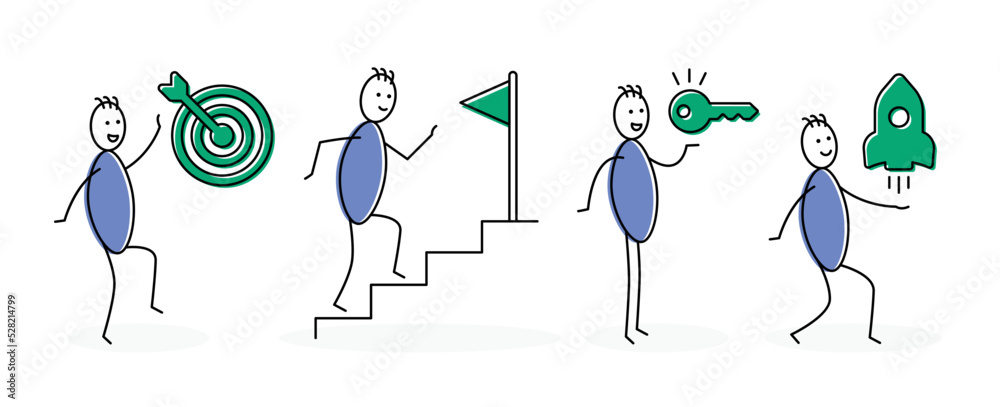Poster set of stickman with goal symbol vector. containing aim, target, mission, vision and objective isola