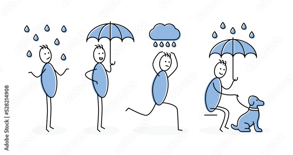 Aufkleber set of stickman with rain vector. containing stick man with umbrella, raining and dog vector illustr