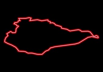 Fototapeta na wymiar Red glowing neon map of East Sussex United Kingdom on black background.