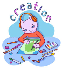 Cartoon illustration of creativity isolated on white background. Drawing cat, art supplies, drawing process