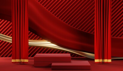 3D rendering of blank product background for cream cosmetics Modern red podium background