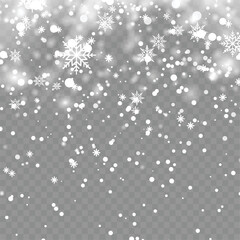 Xmas or New Year background with falling snowflakes on transparent backgrund. Vector