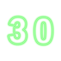 Neon green number 30 isolated on white. Serial number, price, place