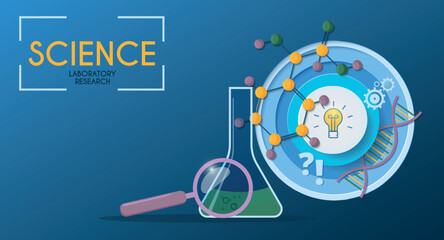 Science background in blue. Laboratory research. Concept for landing pages on the theme of science, learning, education. Vector illustration in paper cut style. Chemistry, biology, physics.