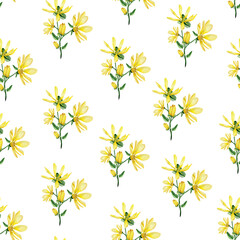 Fototapeta na wymiar Branch yellow water lily watercolor seamless pattern. Template for decorating designs and illustrations.