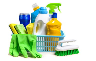 Cleaning supplies in plastic box on white background