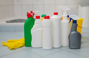 washing disinfectants for cleaning in bottles in the bathroom