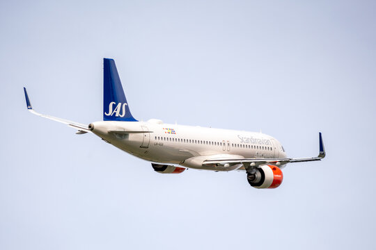 Sas Scandinavian Airlines Commercial Passenger Plane. Pilot Strike, Bankruptcy And Travelling Concept.