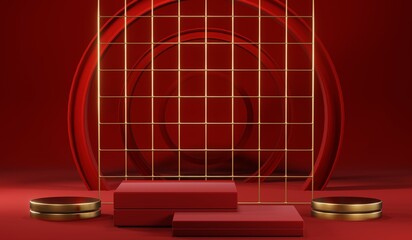 3D rendering of blank product background for cream cosmetics Modern red podium background