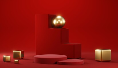 3D rendering of blank product background for cream cosmetics Modern red podium background