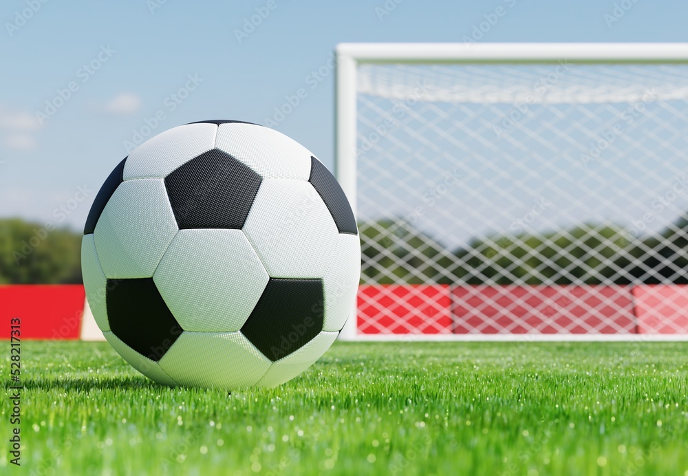 Wall mural 3d black and white soccer ball on green grass pitch against soccer goal. 3d rendering of sport equip