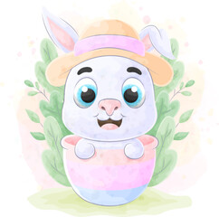 Cute doodle a rabbit with watercolor illustration