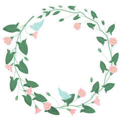 Round vector floral frame, wreath with flowers and leaves, for wedding, greetings, wallpapers, background. Frame template for text