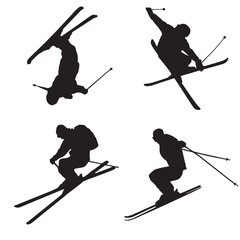 Skiers. Four silhouettes of skiers. The shadows of the skiers. Skiers perform tricks. Stencils