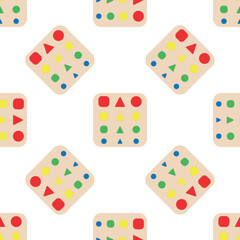 Wooden toys for kids games. Baby seamless pattern with Montessori subject. Education logic toys for preschool kids. Montessori system for early childhood development.