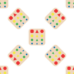 Wooden toys for kids games. Baby seamless pattern with Montessori subject. Education logic toys for preschool kids. Montessori system for early childhood development.
