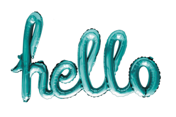 The word hello with turquoise a foil balloon transparent