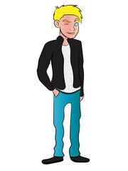 Standing Cartoon Character Wink Eye Wearing Shirt and Jean Clipart
