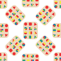 Wooden toys for kids games. Baby seamless pattern with Montessori subject. Education logic toys for preschool kids. Montessori system for early childhood development.