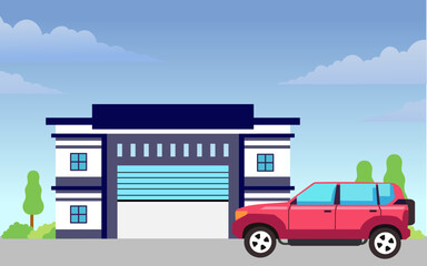 House Garage with opening door. Garage with automatic gates and SUV car. city skyline in background. Vector illustration.