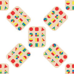 Wooden toys for kids games. Baby seamless pattern with Montessori subject. Education logic toys for preschool kids. Montessori system for early childhood development.