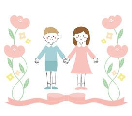 手をつなぐ男の子と女の子　お花　リボン　お祝い