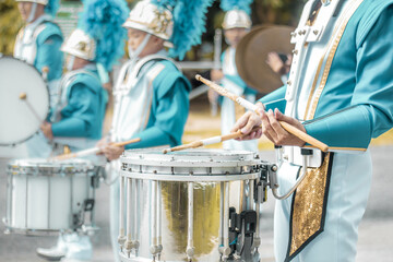 Group of students snare drum, School band performs in marching band