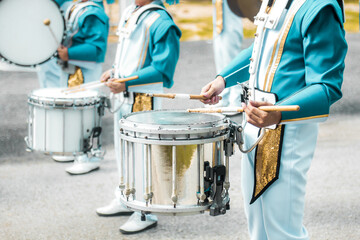 Group of students snare drum, School band performs in marching band