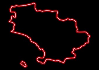 Red glowing neon map of Grosseto Italy on black background.