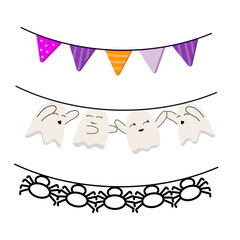 Garland with different Flags for Halloween or Thanksgiving Day. illustration of Pennants set on white isolated background. Ghost, spider, triangle.