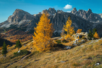 Beautiful view and autumn scenery with fantastic places, Dolomites, Italy