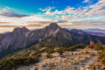 Landscape View of Yushan Main Peak And Tongpu Valley From the North Peak of Jade Mountain At Sunrise, Yushan National  Park, Chiayi Taiwan