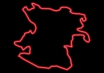 Red glowing neon map of Hamadan Iran on black background.