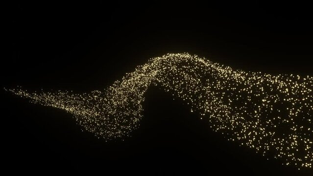 Abstract fluid flowing gold light particle curve shape isolated on black background with space for text. Animation in concept luxury, magic, technology.