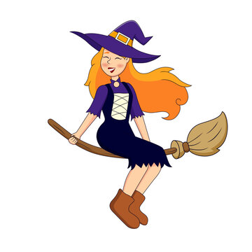 Cartoon beautiful witch flying on magic broom. Vector illustration