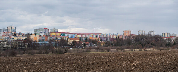 Chodov, Prague, Czech Republic, March 13, 2021: Panoramic view of Housing Estate Chodov with...