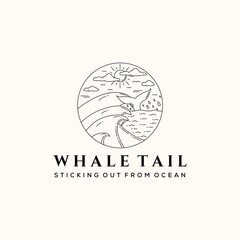 wave ocean whale tail sun cloud line art logo vector minimalist illustration design, whale tail wave logo design