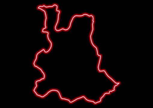 Red glowing neon map of Houet Burkina Faso on black background.