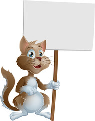 Cute cartoon cat character with sign