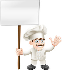 Waving chef holding sign