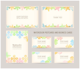 Fototapeta na wymiar Card design templates with colorful watercolor decoration; for greetings, wedding invitation