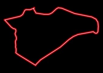 Red glowing neon map of Jerusalem Israel on black background.