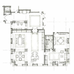 Architectural floor plan of administrative offices. Drawing of conference room. Top view with a set of furniture and plumbing equipment. Vector