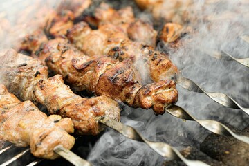 Grilled meat on a fire on skewers with smoke.