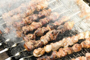 Grilled meat on a fire on skewers with smoke.