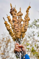 The girl holds fried meat strung on skewers in her hand and raises it up.