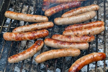 Grilled juicy sausages cooked on a campfire outdoors.