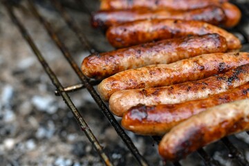 Grilled sausages on the fire are on the grill and are ready to eat.