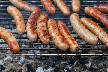 Grilled sausages on the fire are on the grill and are ready to eat.
