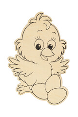 Wood happy chick with Easter eggs isolated on white